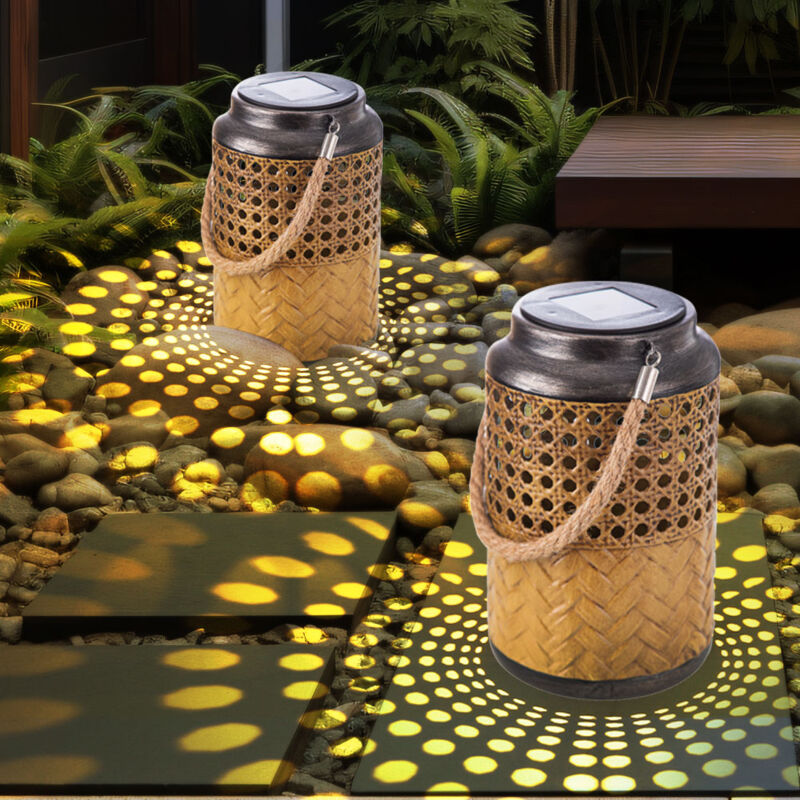Image of Lanterna solare da esterno in bambù per esterni Boho Lanterna solare decorativa a luce solare per giardino esterno, sospesa, led, PxA 12 x 16 cm, set
