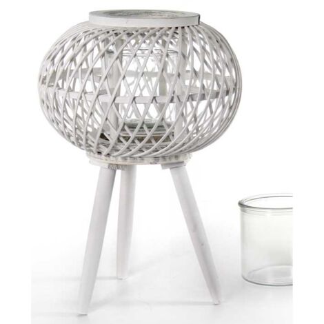 LANTERNA TONDA PORTACANDELA IN LEGNO VETRO E BAMBU 17X61 CM BIANCA CON PIEDINI