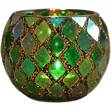 Lanterne à Tealight en Verre et Cristal DIY, Mosaïque Mains Artisanales [Pot pour Plantes, Succulentes, Bougie Votive] - 350g, Vert, 8cm H, 10.5cm W, 1 Pièce