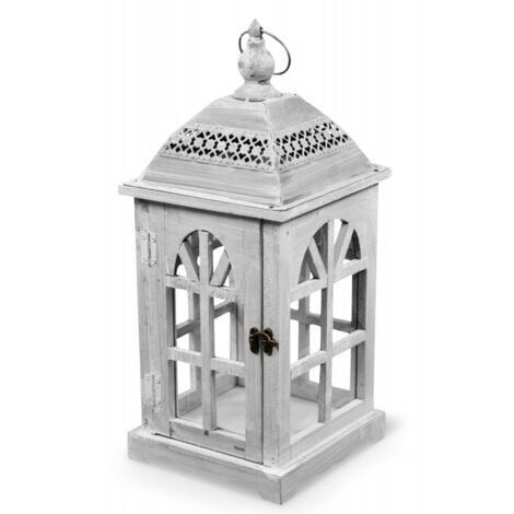 Lanterne Bois Cerusé Blanc 20x20x46cm - Blanc