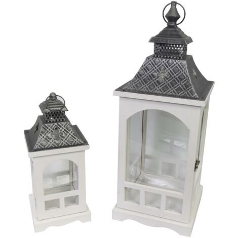 Lanterne bois métal 1-2 blanc argent carré cm22x22h59