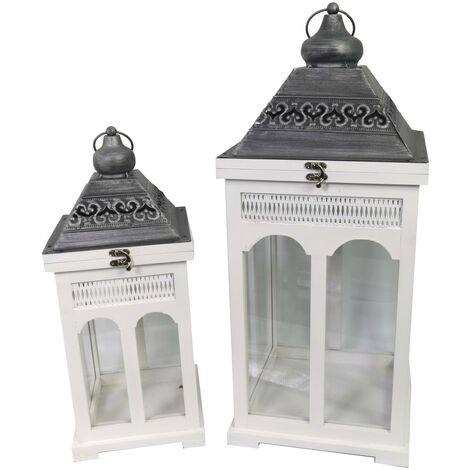 Lanterne bois métal 1-2 blanc argent carré cm27x27h63