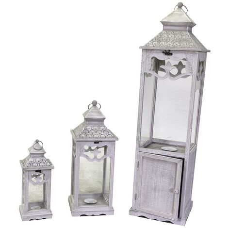 Lanterne bois métal 1-3 blanchi avec porte carrée cm32x32h118
