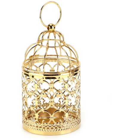 Lanterne Bougeoir en Forme de Cage à Oiseaux Dorée Électrolytique, Décoration Rétro Style Européen