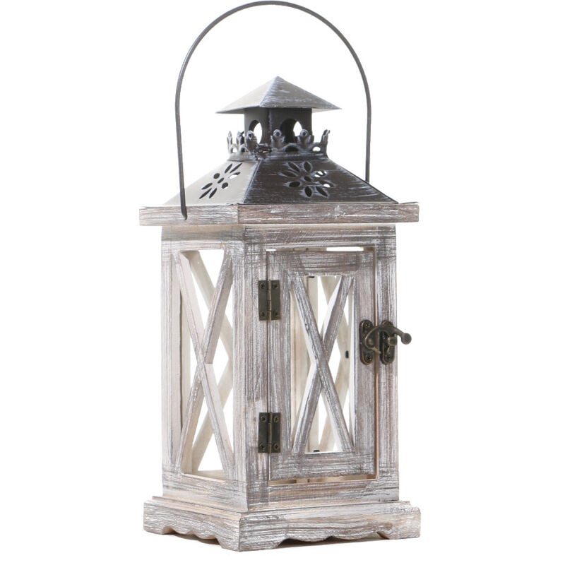 Shining House - Lanterne Bougie Bois Décorative - 28cm Rustique Lanterne Bougeoir pour Table Intérieur Extérieur Vintage Decoration Shabby Chic