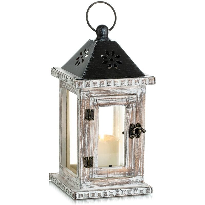 Lanterne Bougie Bois Exterieur, 28cm Lanterne Decorative Bougeoir Vintage,Table Maison Jardin Deco, Blanc