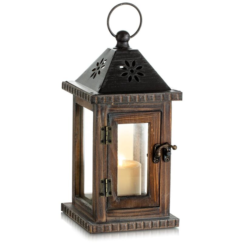 Lanterne Bougie Bois Exterieur, 28cm Lanterne Decorative Bougeoir Vintage,Table Maison Jardin Deco, Marron