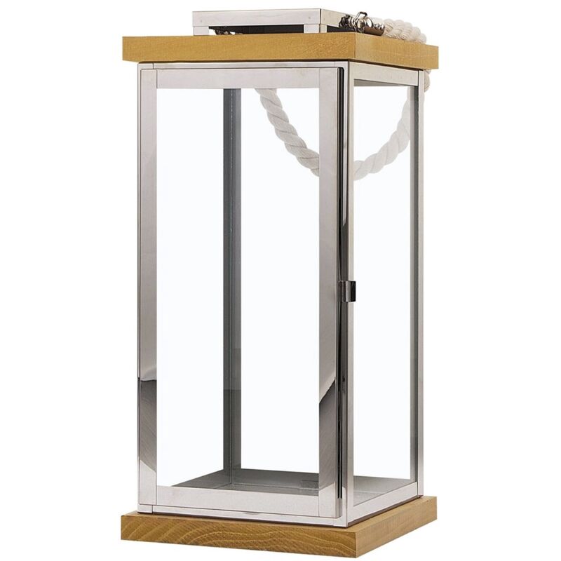 Lanterne au Style Moderne en Bois de Sapin Surface Vitrée et Acier Argenté s'Adapte à Tous les Styles Beliani