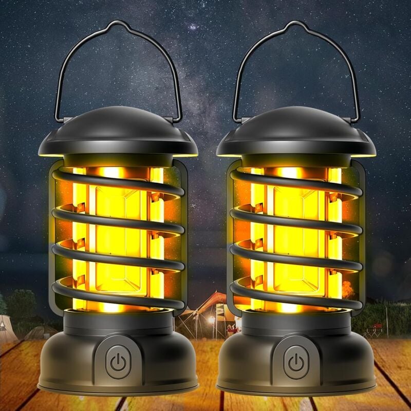 Lanterne de camping LED portable : lot de 2 lanternes de camping LED, étanche IPX4, rechargeable par USB, rétro, avec crochet, luminosité réglable,