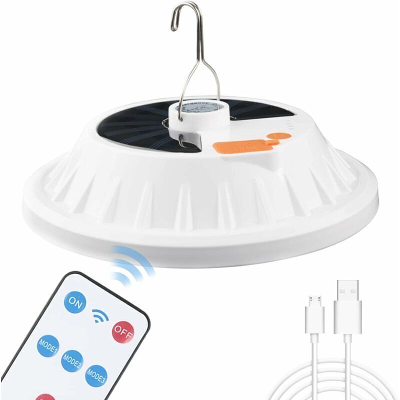 Lanterne de camping solaire 120 LED avec télécommande, batterie rechargeable USB, lampe de camp à gradation, portable, étanche IPX7, pour les