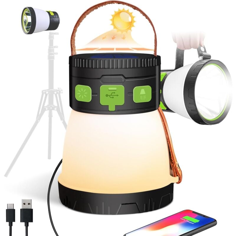 Lanterne de camping solaire 7800mah rechargeable 1500 lumens 8 modes de luminosité avec Rgb et lampe de poche pour la pêche d'urgence