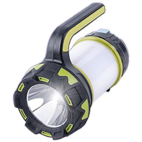 Lanterne de camping verte portable et multifonctionnelle, rechargeable par USB, avec lumière LED à intensité variable, fixation magnétique et batterie externe.
