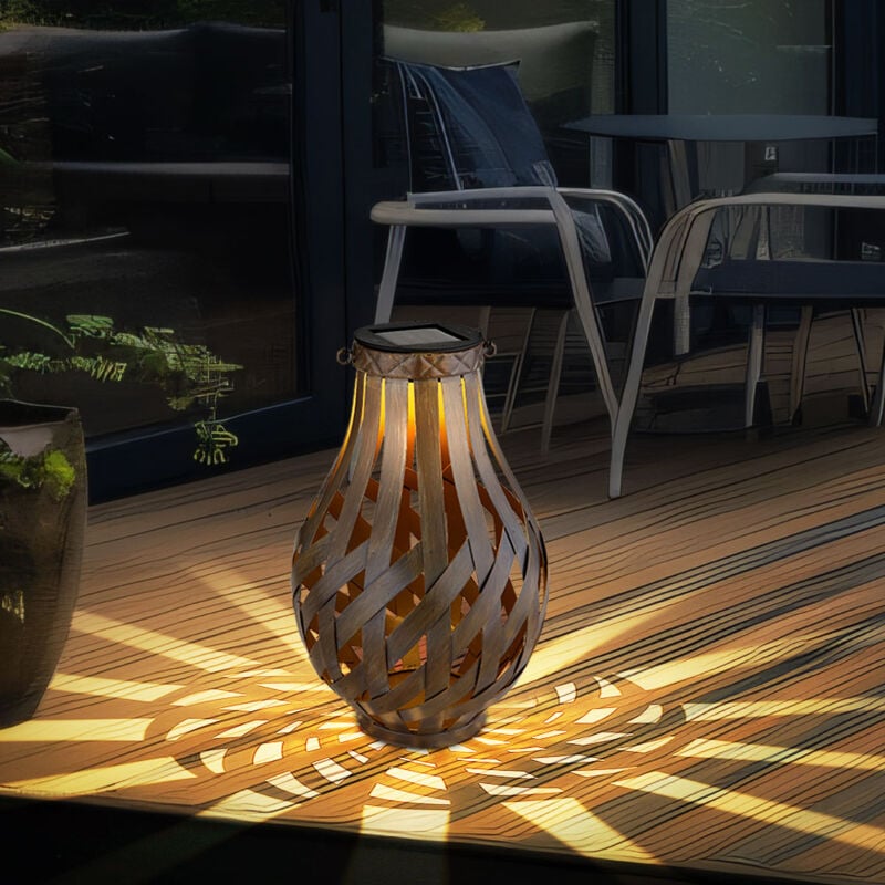 Lanterne de décoration de jardin Lanterne solaire avec maille de bambou à suspendre ou à poser, led blanc chaud, DxH 27x17,5 cm, terrasse de jardin