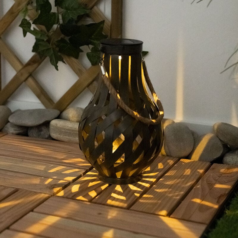 Lanterne de décoration de jardin Lanterne solaire avec maille de bambou à suspendre ou à poser, led blanc chaud, DxH 27x17,5 cm, terrasse de jardin