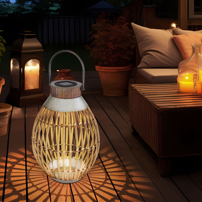 Lanterne de décoration de jardin Lanterne solaire pour l'extérieur, maille de bambou à suspendre ou à poser, led blanc chaud, PxH 27x37,5 cm, balcon