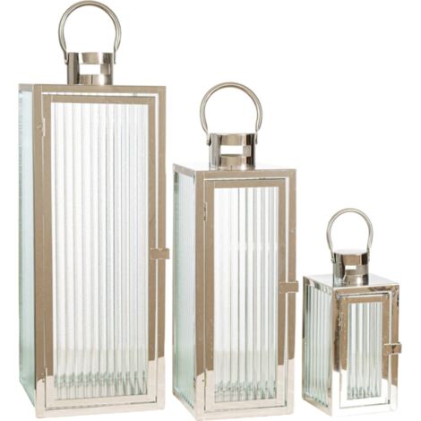 lanterne décorative argentée en métal et verre élégante - argenté effet miroir et verre clair