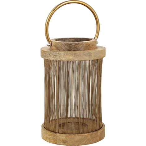 Lanterne décorative bois et métal doré esprit naturel chic - bois naturel et doré élégant