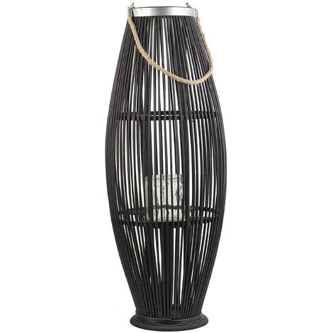 Lanterne Décorative Bougeoir Design 84 cm de Hauteur en Bambou Noir Accessoire Parfait pour Salon Chambre au Style Boho et Scandinave Beliani - Noir