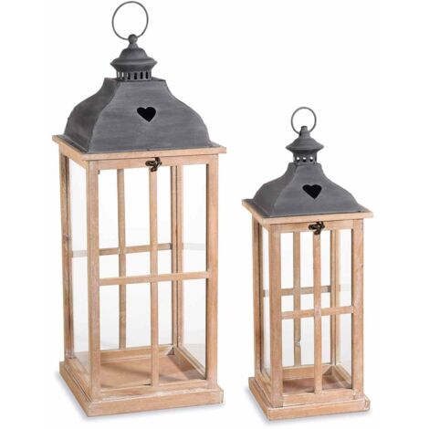 Lanterne decorative in legno e metallo con cuore intagliato set 2 pezzi