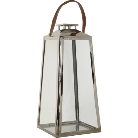 Lanterne design élégance en acier et verre - Chrome argenté avec anse en cuir marron