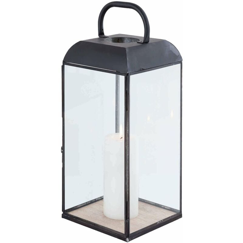 Lanterne en acier et verre rectangulaires avec une base en bois moderne Grande