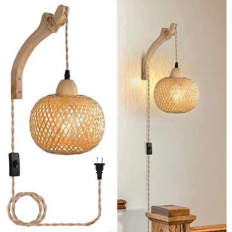 Lanterne en bambou à brancher sur appliques murales avec cordon enfichable, applique murale en rotin tissée à la main, applique murale rustique Boho