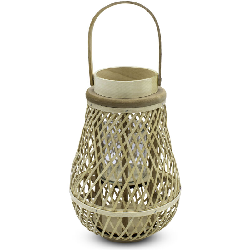 Lanterne en bambou avec verre à bougie - 46 x 23 cm - Lanterne en bois avec support à suspendre