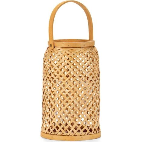 Lanterne en bambou naturel porte bougie avec verre intérieur - Naturel bambou clair et verre transparent