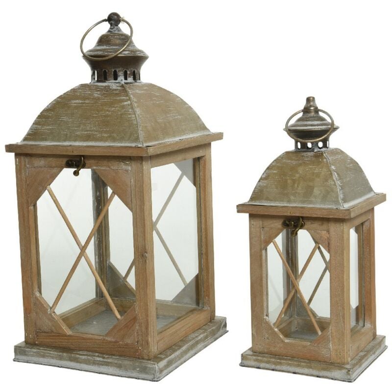 Lanterne en bois avec verre Medium dim 14x14x32 cm. Pièce unique