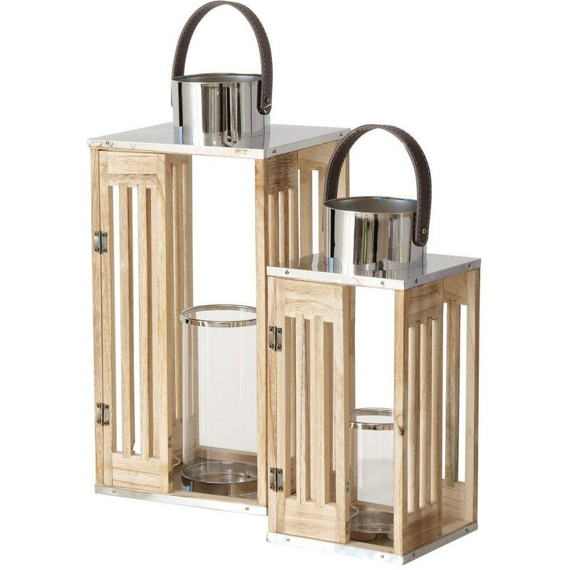 Boltze Gruppe - Lanterne en bois octavia, avec poignée en cuir, ensemble de 2 pièces