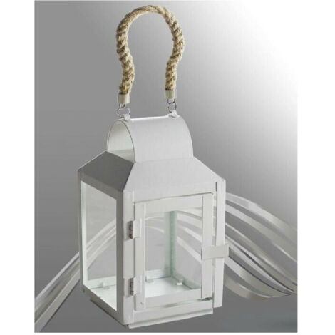 Lanterne En Métal Blanc Avec Poignée En Corde 42263