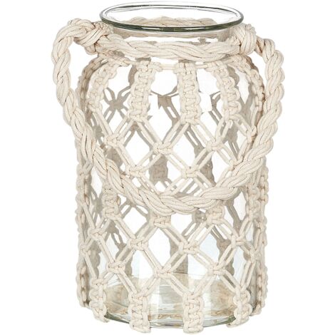 Lanterne en Verre Blanc Boho à Décoration Macramé en Coton 31x20 cm Décoratif Jalebi