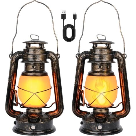 Lanterne Extérieur LED - Lot de 2 - Métal Vintage - Effet Flamme Réaliste - Rechargeable USB-C - IP65 Étanche - Jardin Camping