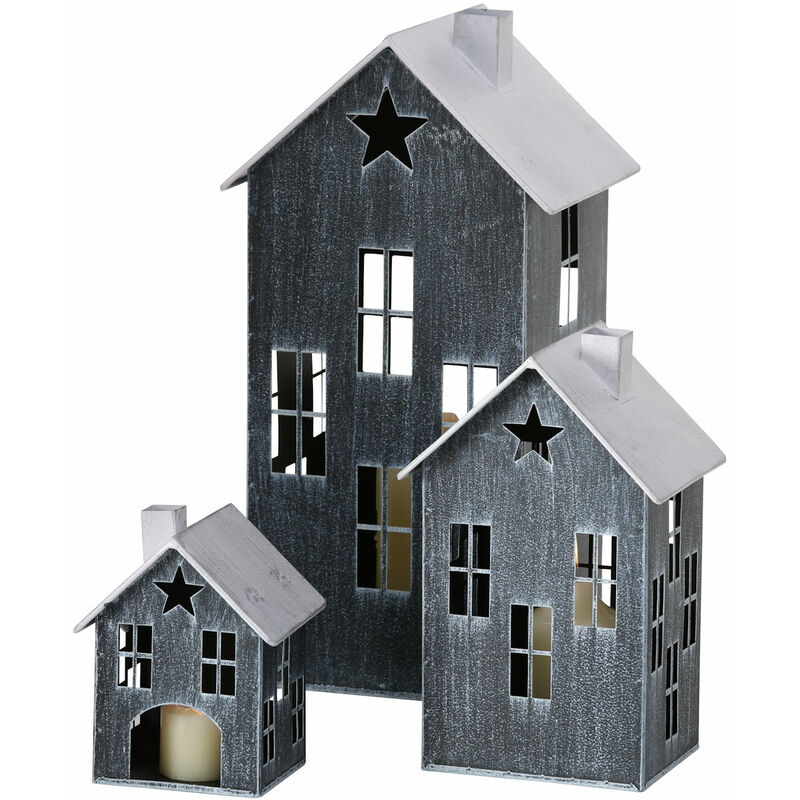 Lanterne HALLEIN set de 3 en forme de maison - fer laqué noir