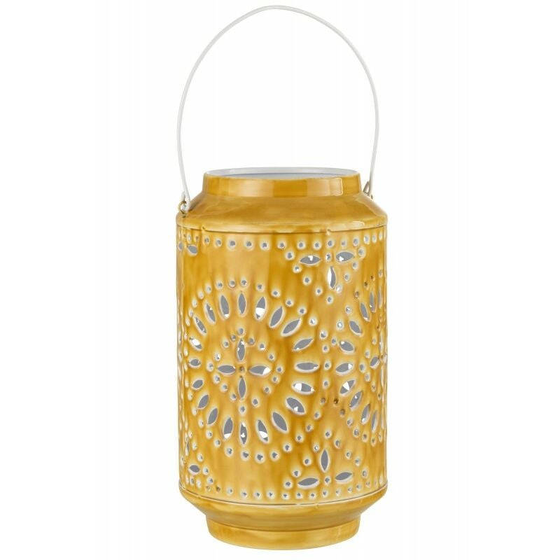 jolipa - lanterne haute perforée en fer ocre 17x17x30cm - jaune