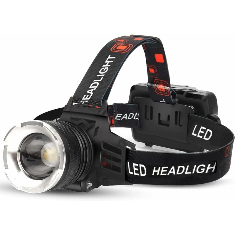 Jusch - Lanterne led montée sur la tête, 4 sources lumineuses, batterie, 20W, zoom rétractable, imperméable IP6, matériau en alliage en aluminium
