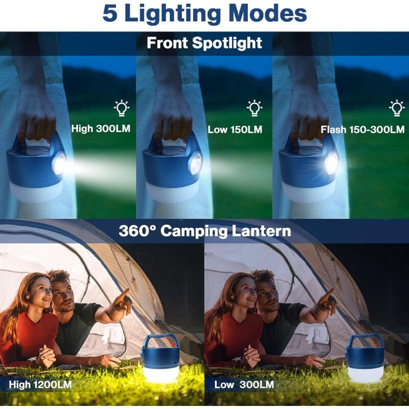Aougo - Lanterne led Rechargeable usb ou Solaire Lampe Camping 2400mAh Lampe Torche 5 Modes Etanche Portable Suspendue pour Camping, Lecture,