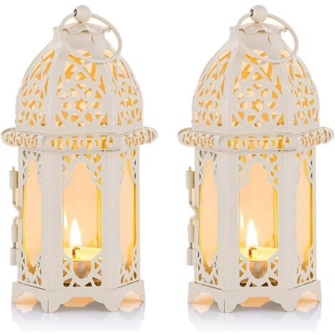 Lanterne marocaine pour bougies chauffe-plat, lot de 2, avec panneaux en verre transparent, idéale pour terrasse, intérieur, extérieur et événements.