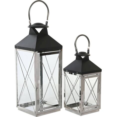 Lanterne moderne chromée en acier et verre style contemporain - noir et argent chromé