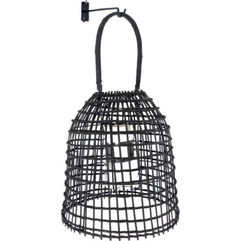 Lanterne murale en rotin noir avec support métal élégant - Noir tressé et verre transparent