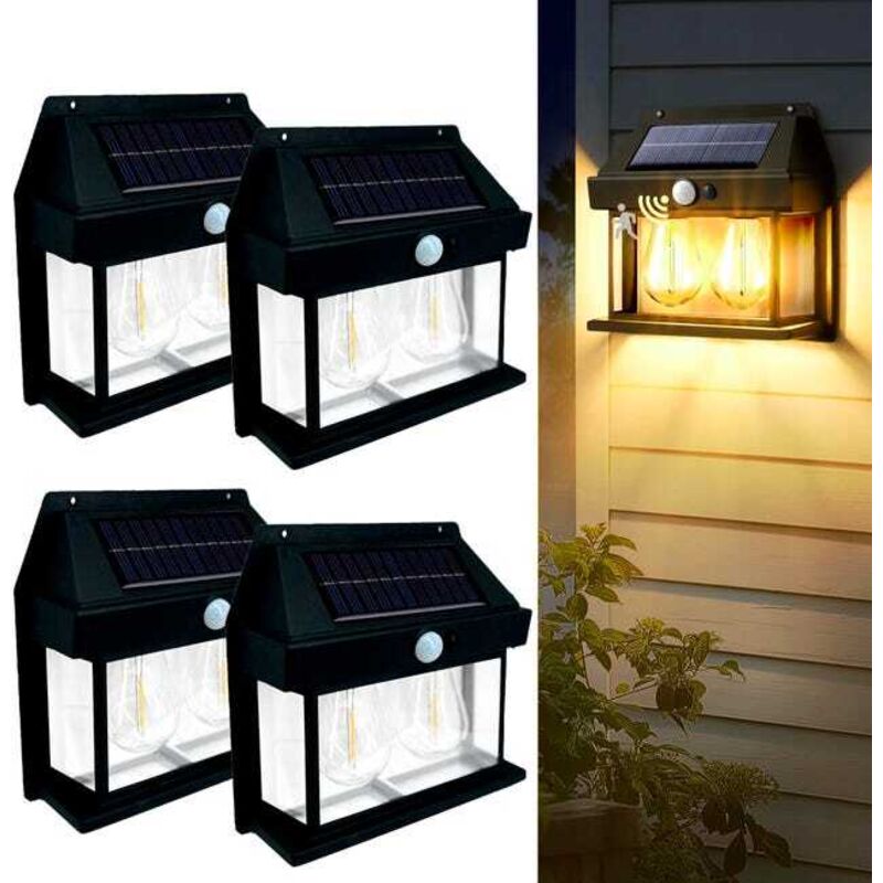 Lanterne murale solaire à double ampoule, paquet de 4 lumières d'extérieur, 3 Modes et capteur de mouvement, lumière de porche étanche, noire