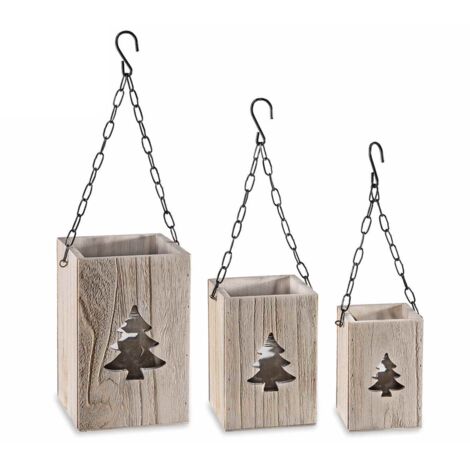 Lanterne natalizie in legno con intaglio albero e vasetto in vetro set 3 pezzi