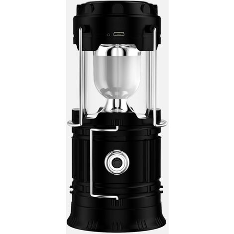 Lanterne noire à LED rechargeable solaire / USB, lampe de camping portable et puissante en 2 modes, lampe de jardin, lampe de poche à 360° avec éclairage suspendu, avec étanchéité au camping / urgence