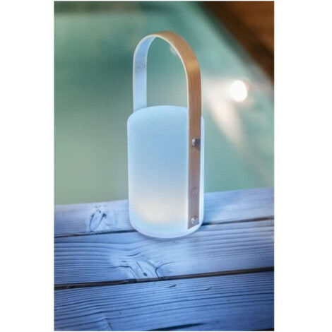 Lanterne portable rechargeable par USB avec anse en bambou. Lumière blanche, bleue, jaune...au choix