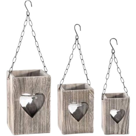 Lanterne Portacandele Shabby Chic in Legno da Appendere o Appoggiare - Set da 3