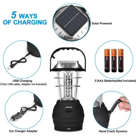 Lanterne portative Lanterne de Camping, Lampe Solaire, 5 Modes de Rechargement avec Dynamo à manivelle, Panneau solaire, USB Port, Adaptateur Voiture et Secteur - Etanche Portable Lumière d'urgence pour Camping, Pêche, Randonnée