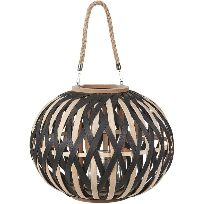 Beliani - Lanterne de Bougie en Bois de Bambou 37 cm avec Support en Verre Boho Noir Besah