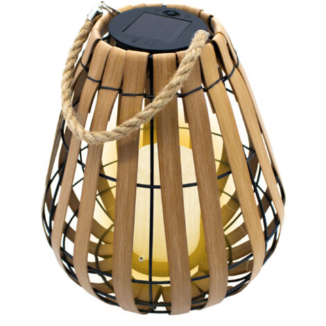 Lanterne solaire avec bougie LED en blanc chaud avec effet scintillant - 30 x 25 cm - Lampe de jardin aspect bois avec cordon en jute à suspendre