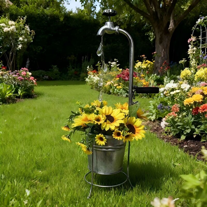 Lanterne solaire avec pot de fleurs en fer forgé, décoration de jardin et terrasse, design robinet et gouttes d'eau, couleur argent brossé,