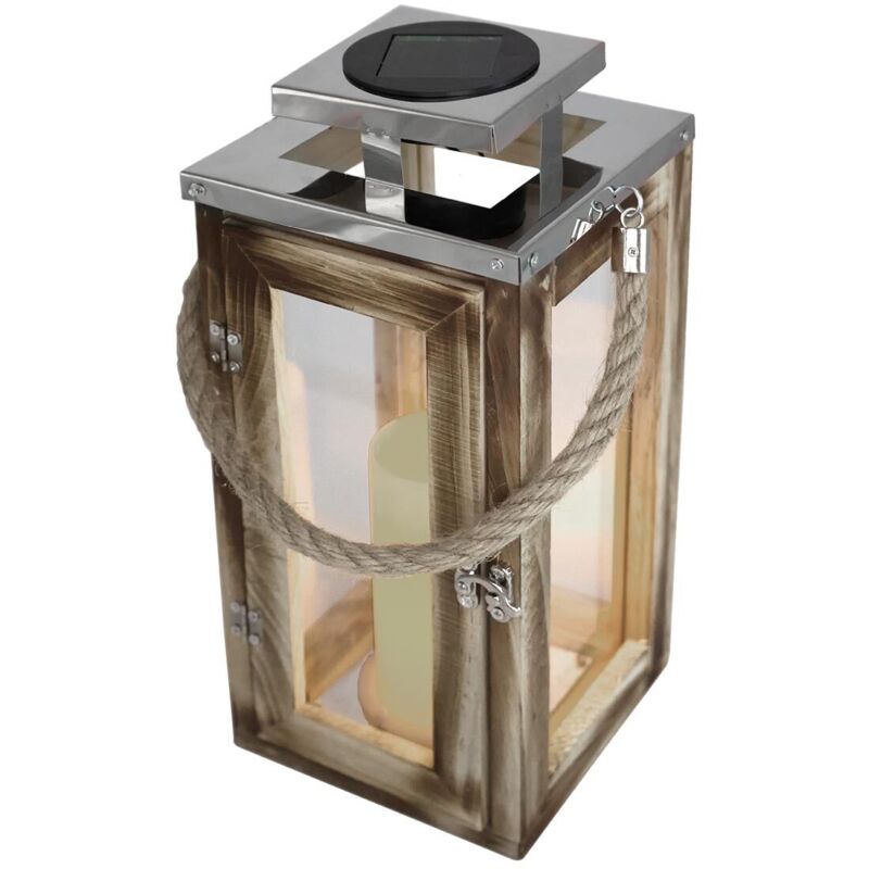 Lanterne solaire en bois avec anse – Autonomie 8h – IP44 – 100 Lumens – Dimensions 12,5x12,5x27,5cm – Lampe d'extérieur décorative – Lumi Jardin